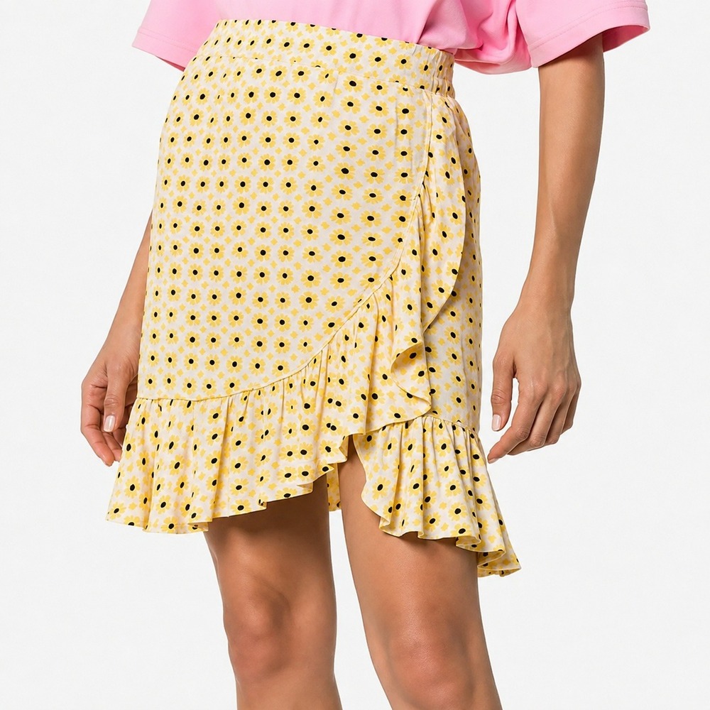 GANNI Yellow Daisy Print Faux Wrap Ruffle Skirt Floral Maize Crepe Size 34 XS